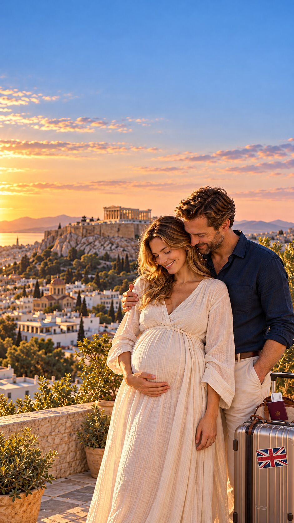 Expectant couple from the UK on a terrace overlooking the Acropolis in Athens at sunset